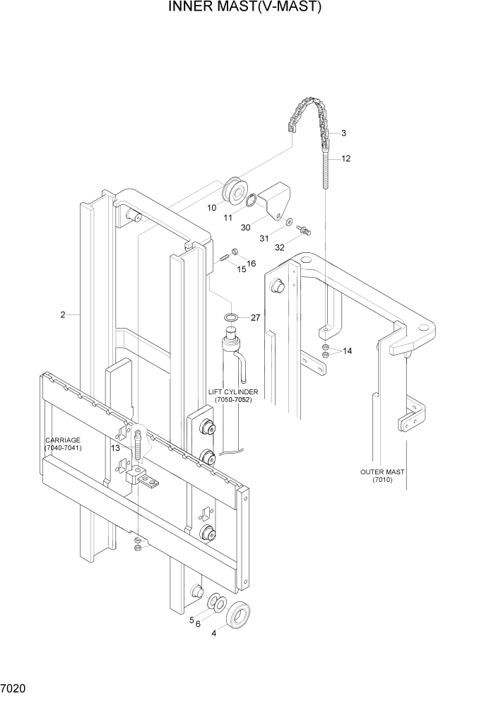 Схема запчастей Hyundai 20/25/30BH-7 - PAGE 7020 INNER MAST(V-MAST) РАБОЧЕЕ ОБОРУДОВАНИЕ