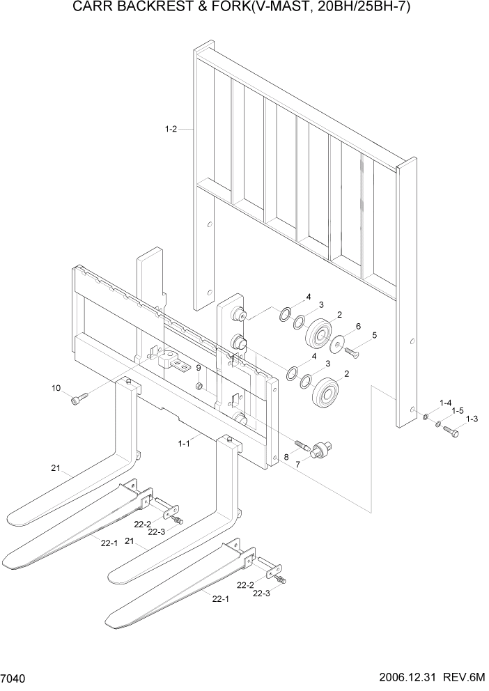 Схема запчастей Hyundai 20/25/30BH-7 - PAGE 7040 CARR BACKREST & FORK(V-MAST,20BH/25BH-7) РАБОЧЕЕ ОБОРУДОВАНИЕ