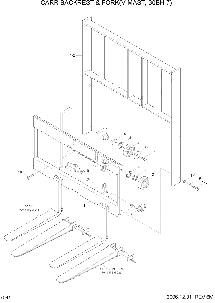 Схема запчастей Hyundai 20/25/30BH-7 - PAGE 7041 CARR BACKREST & FORK(V-MAST,30BH-7) РАБОЧЕЕ ОБОРУДОВАНИЕ