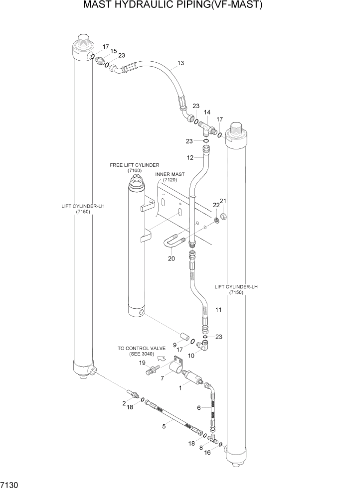 Схема запчастей Hyundai 20/25/30BH-7 - PAGE 7130 MAST HYDRAULIC PIPING(VF-MAST) РАБОЧЕЕ ОБОРУДОВАНИЕ