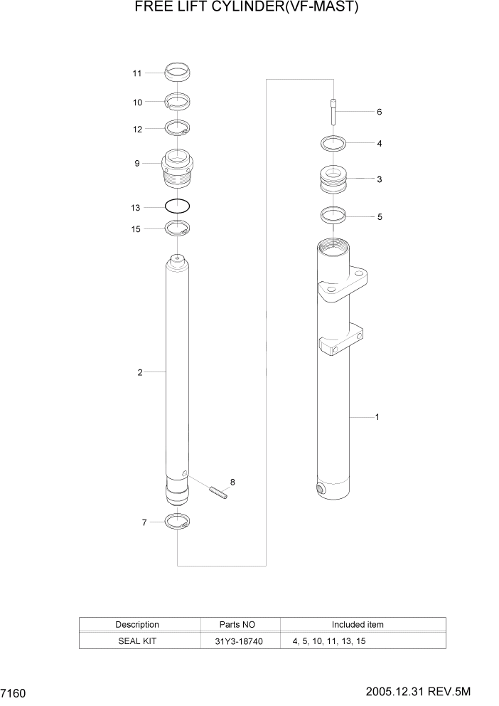 Схема запчастей Hyundai 20/25/30BH-7 - PAGE 7160 FREE LIFT CYLINDER(TF-MAST) РАБОЧЕЕ ОБОРУДОВАНИЕ