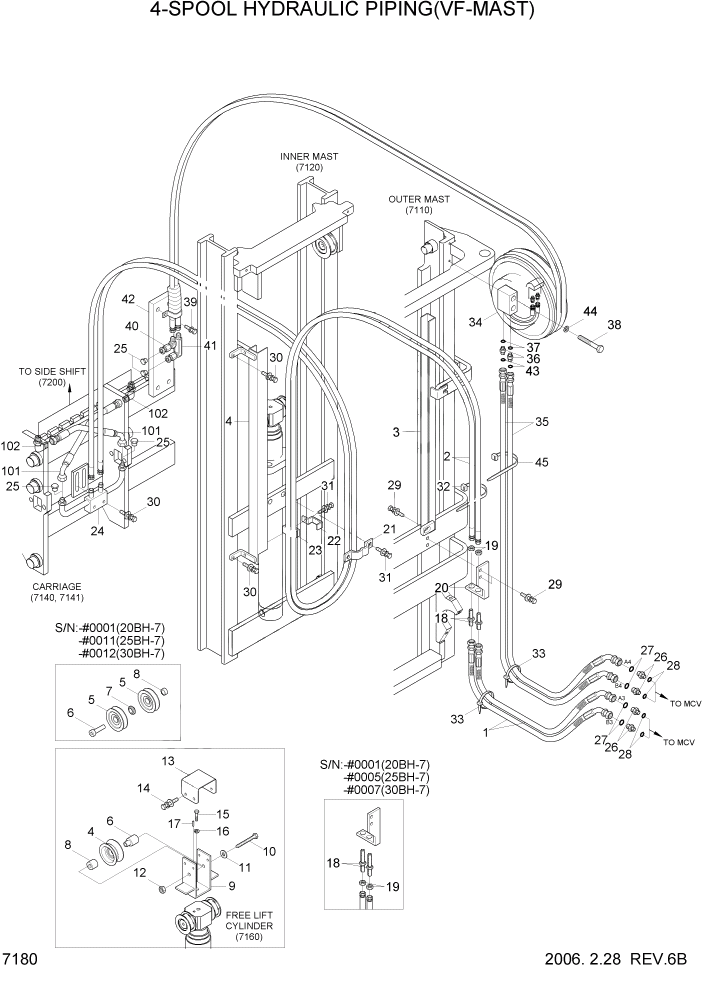 Схема запчастей Hyundai 20/25/30BH-7 - PAGE 7180 4-SPOOL HYDRAULIC PIPING(V-MAST) РАБОЧЕЕ ОБОРУДОВАНИЕ