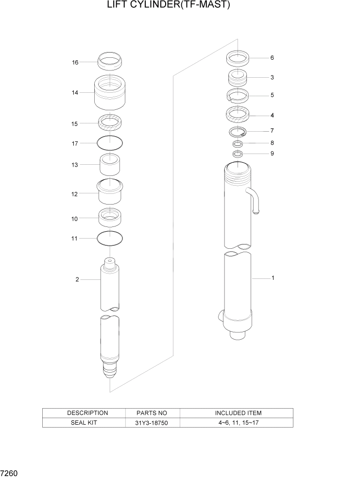 Схема запчастей Hyundai 20/25/30BH-7 - PAGE 7260 LIFT CYLINDER(TF-MAST) РАБОЧЕЕ ОБОРУДОВАНИЕ