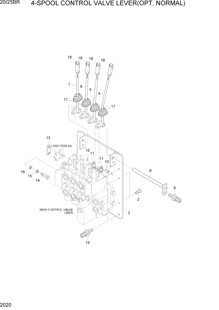 Схема запчастей Hyundai 20/25BR - PAGE 2020 4-SPOOL CONTROL VALVE LEVER(OPT, NORMAL) ГИДРАВЛИЧЕСКАЯ СИСТЕМА