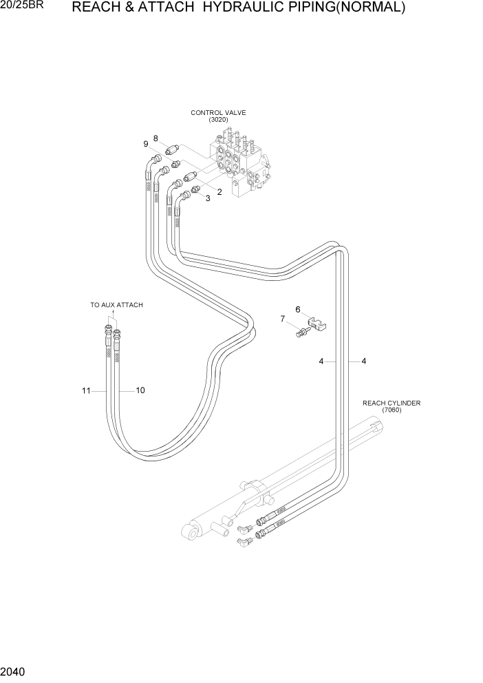 Схема запчастей Hyundai 20/25BR - PAGE 2040 REACH & ATTACH HYDRAULIC PIPING(NORMAL) ГИДРАВЛИЧЕСКАЯ СИСТЕМА