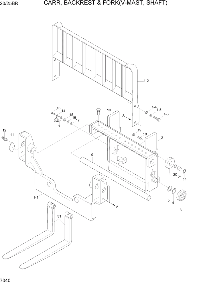 Схема запчастей Hyundai 20/25BR - PAGE 7040 CARR,BACKREST & FORK(V-MAST,SHAFT) РАБОЧЕЕ ОБОРУДОВАНИЕ