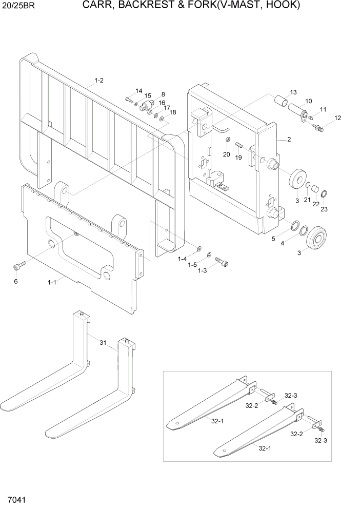 Схема запчастей Hyundai 20/25BR - PAGE 7041 CARR,BACKREST & FORK(V-MAST,HOOK) РАБОЧЕЕ ОБОРУДОВАНИЕ