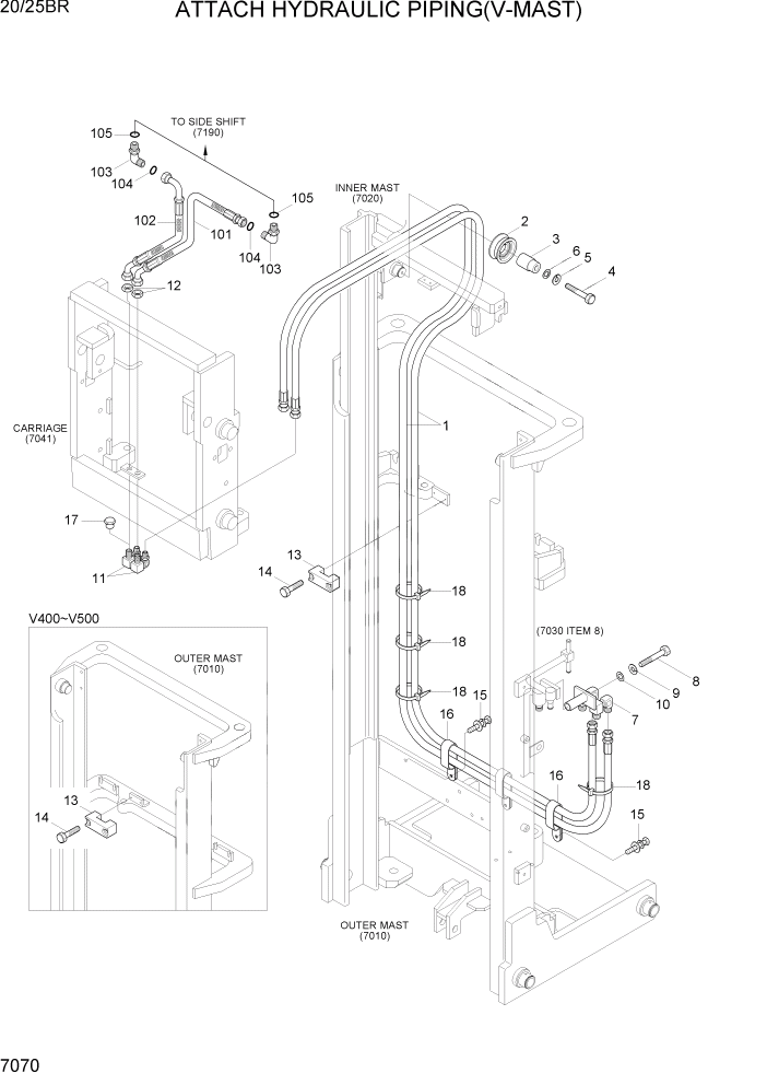 Схема запчастей Hyundai 20/25BR - PAGE 7070 ATTACH HYDRAULIC PIPING(V-MAST) РАБОЧЕЕ ОБОРУДОВАНИЕ