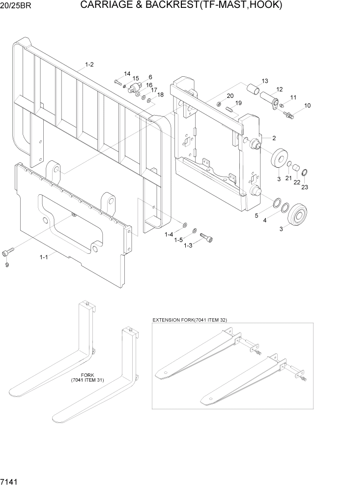 Схема запчастей Hyundai 20/25BR - PAGE 7141 CARR & BACKREST(TF-MAST,HOOK) РАБОЧЕЕ ОБОРУДОВАНИЕ