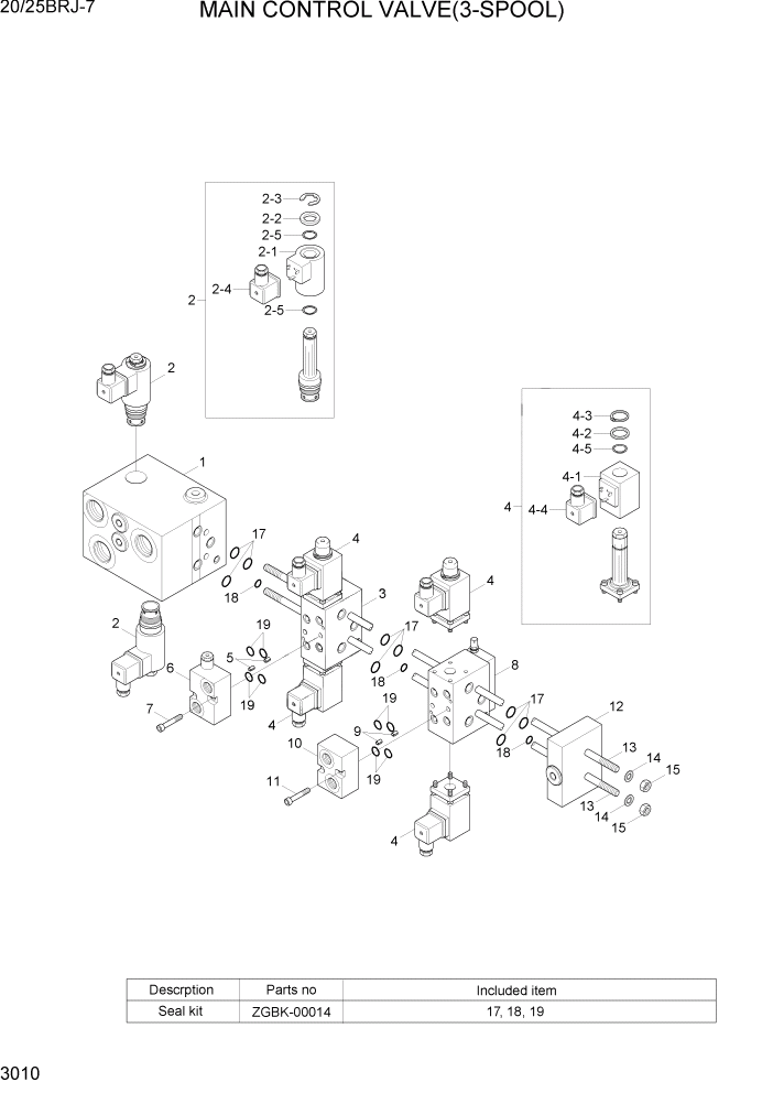 Схема запчастей Hyundai 20/25BRJ-7 - PAGE 3010 MAIN CONTROL VALVE(3-SPOOL) ГИДРАВЛИЧЕСКИЕ КОМПОНЕНТЫ