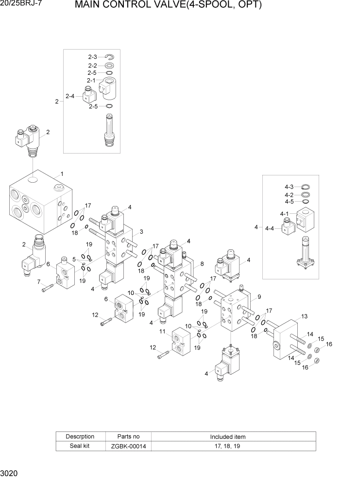 Схема запчастей Hyundai 20/25BRJ-7 - PAGE 3020 MAIN CONTROL VALVE(4-SPOOL, OPT) ГИДРАВЛИЧЕСКИЕ КОМПОНЕНТЫ