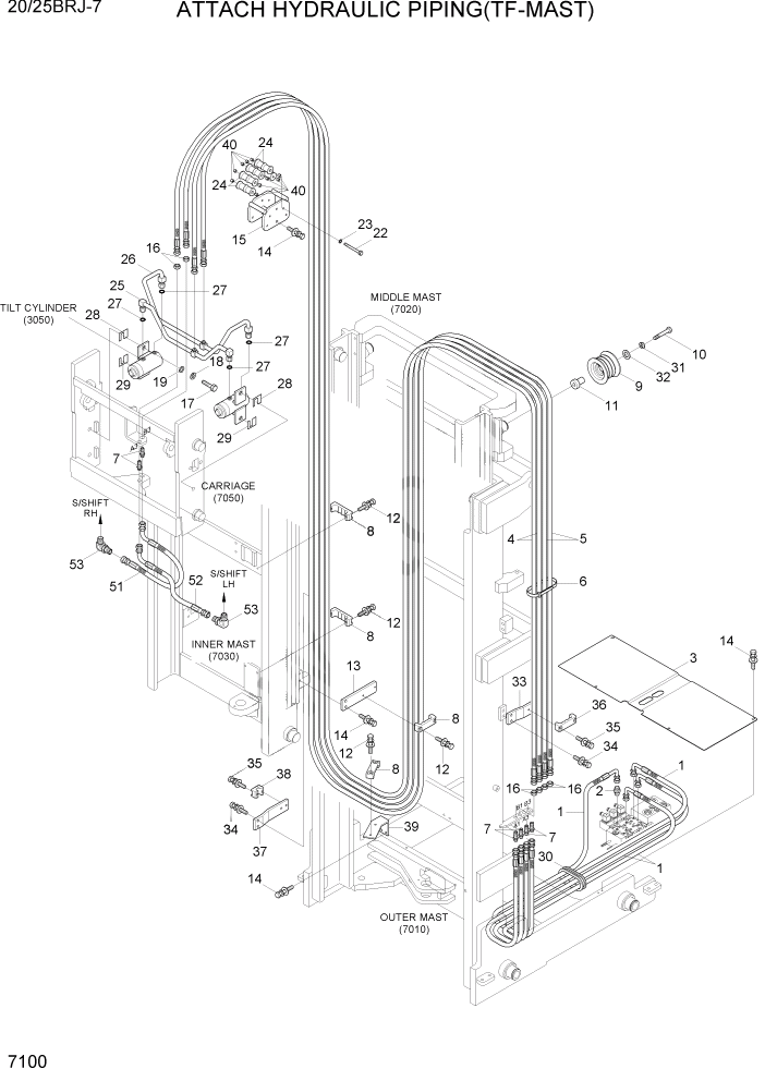 Схема запчастей Hyundai 20/25BRJ-7 - PAGE 7100 ATTACH HYDRAULIC PIPING(TF-MAST) РАБОЧЕЕ ОБОРУДОВАНИЕ