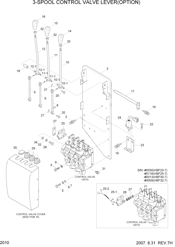 Схема запчастей Hyundai HBF20/HBF25/HBF30/HBF32/HBF20-7 - PAGE 2010 3-SPOOL CONTROL VALVE LEVER(OPTION) ГИДРАВЛИЧЕСКАЯ СИСТЕМА