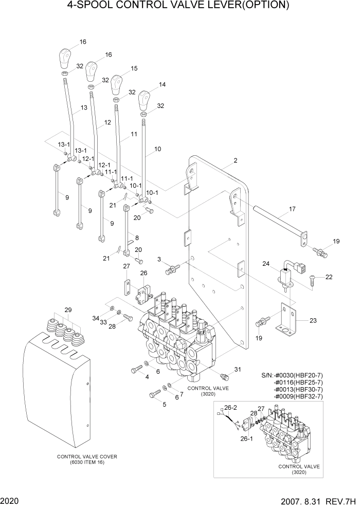 Схема запчастей Hyundai HBF20/HBF25/HBF30/HBF32/HBF20-7 - PAGE 2020 4-SPOOL CONTROL VALVE LEVER(OPTION) ГИДРАВЛИЧЕСКАЯ СИСТЕМА