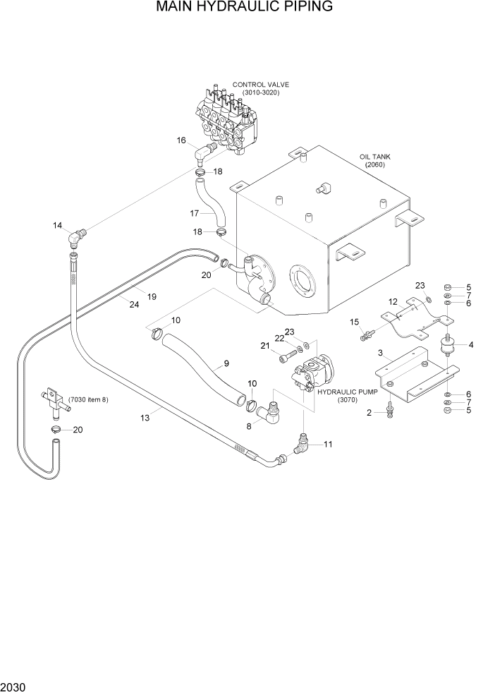 Схема запчастей Hyundai HBF20/HBF25/HBF30/HBF32/HBF20-7 - PAGE 2030 MAIN HYDRAULIC PIPING ГИДРАВЛИЧЕСКАЯ СИСТЕМА