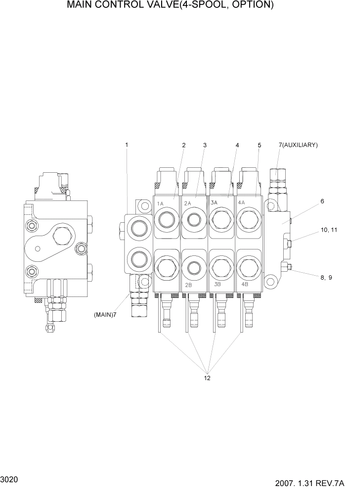 Схема запчастей Hyundai HBF20/HBF25/HBF30/HBF32/HBF20-7 - PAGE 3020 MAIN CONTROL VALVE(4-SPOOL,OPTION) ГИДРАВЛИЧЕСКИЕ КОМПОНЕНТЫ