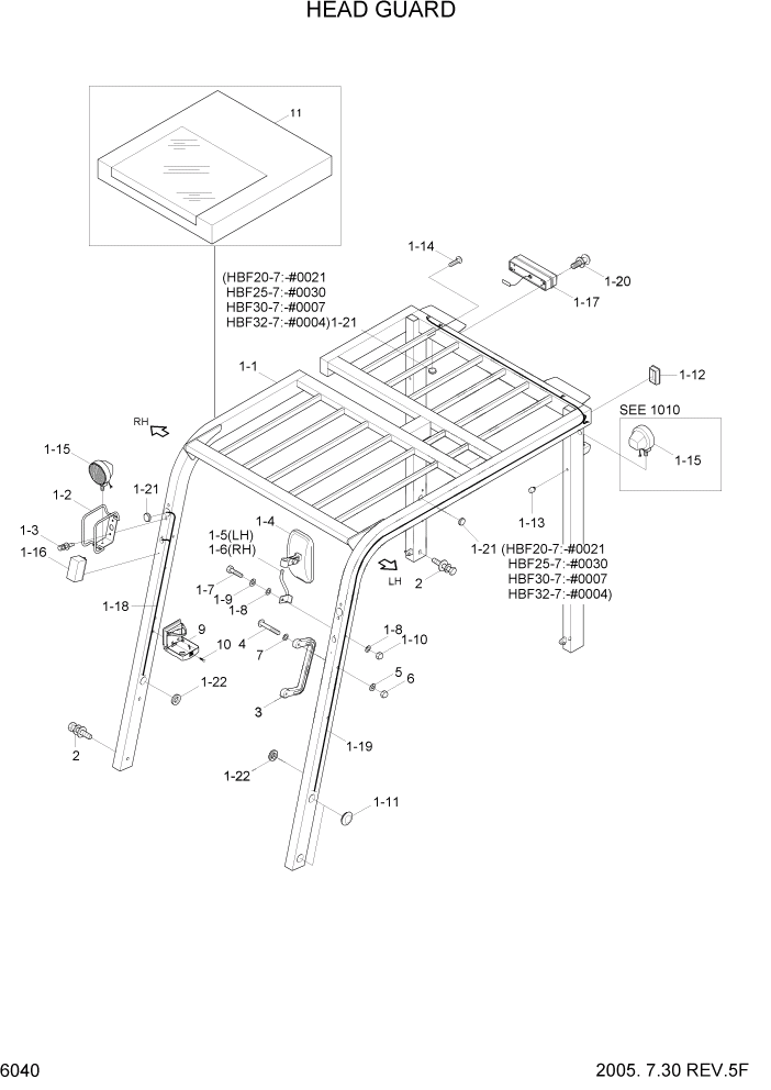 Схема запчастей Hyundai HBF20/HBF25/HBF30/HBF32/HBF20-7 - PAGE 6040 HEAD GUARD СТРУКТУРА
