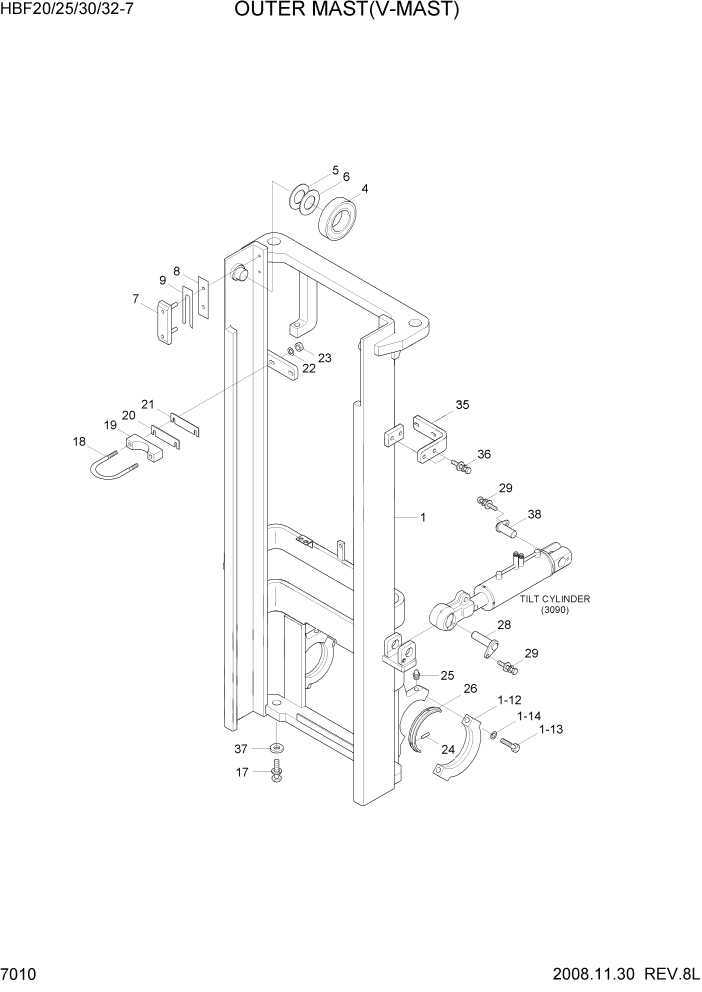 Схема запчастей Hyundai HBF20/HBF25/HBF30/HBF32/HBF20-7 - PAGE 7010 OUTER MAST(V-MAST) РАБОЧЕЕ ОБОРУДОВАНИЕ