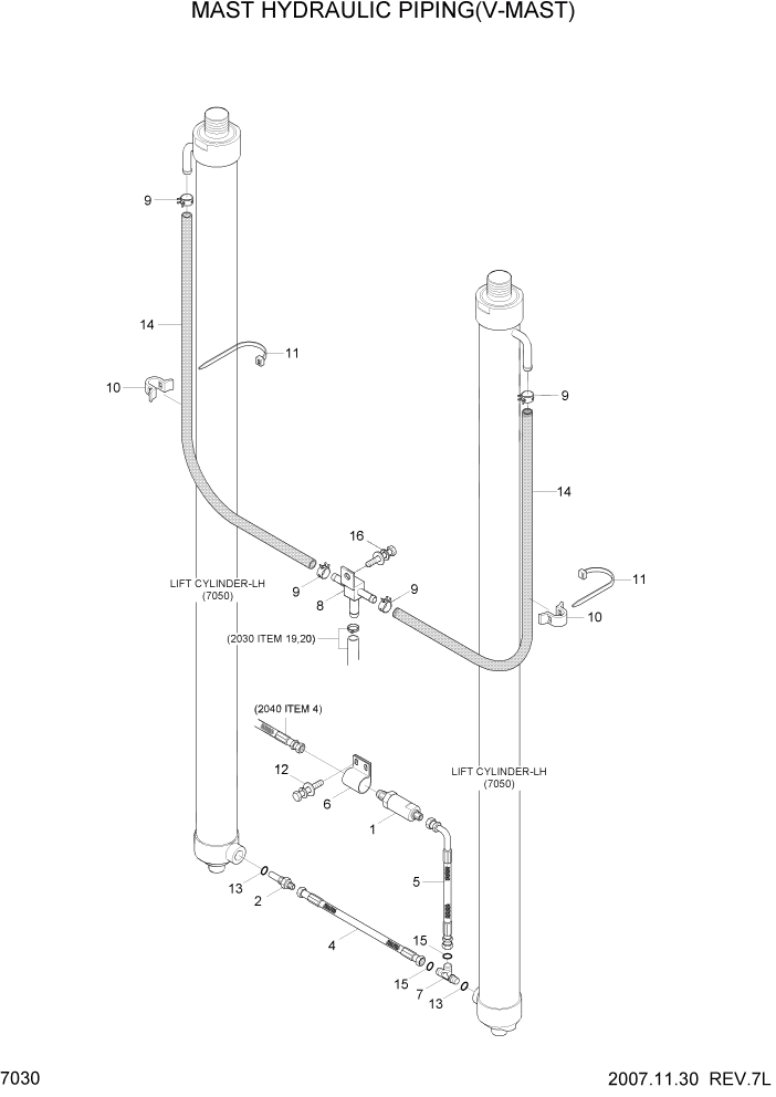 Схема запчастей Hyundai HBF20/HBF25/HBF30/HBF32/HBF20-7 - PAGE 7030 MAST HYDRAULIC PIPING(V-MAST) РАБОЧЕЕ ОБОРУДОВАНИЕ