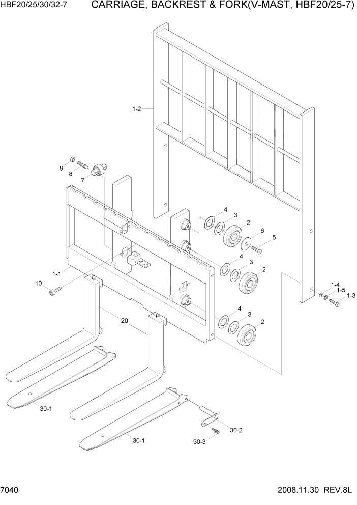 Схема запчастей Hyundai HBF20/HBF25/HBF30/HBF32/HBF20-7 - PAGE 7040 CARR, BACKREST & FORK(V-MAST,HBF20/25-7) РАБОЧЕЕ ОБОРУДОВАНИЕ