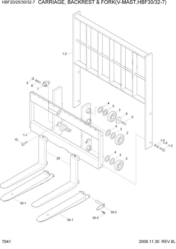 Схема запчастей Hyundai HBF20/HBF25/HBF30/HBF32/HBF20-7 - PAGE 7041 CARR, BACKREST & FORK(V-MAST,HBF30/32-7) РАБОЧЕЕ ОБОРУДОВАНИЕ