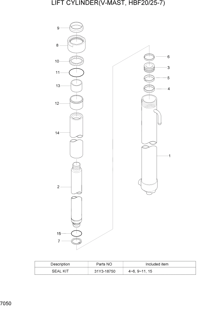 Схема запчастей Hyundai HBF20/HBF25/HBF30/HBF32/HBF20-7 - PAGE 7050 LIFT CYLINDER(V-MAST,HBF20/25-7) РАБОЧЕЕ ОБОРУДОВАНИЕ