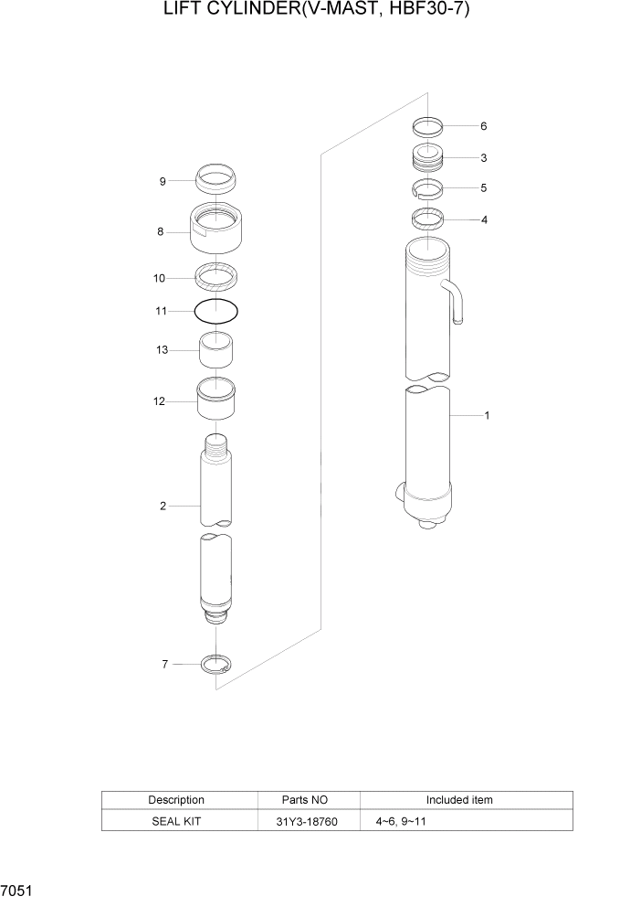 Схема запчастей Hyundai HBF20/HBF25/HBF30/HBF32/HBF20-7 - PAGE 7051 LIFT CYLINDER(V-MAST,HBF30-7) РАБОЧЕЕ ОБОРУДОВАНИЕ