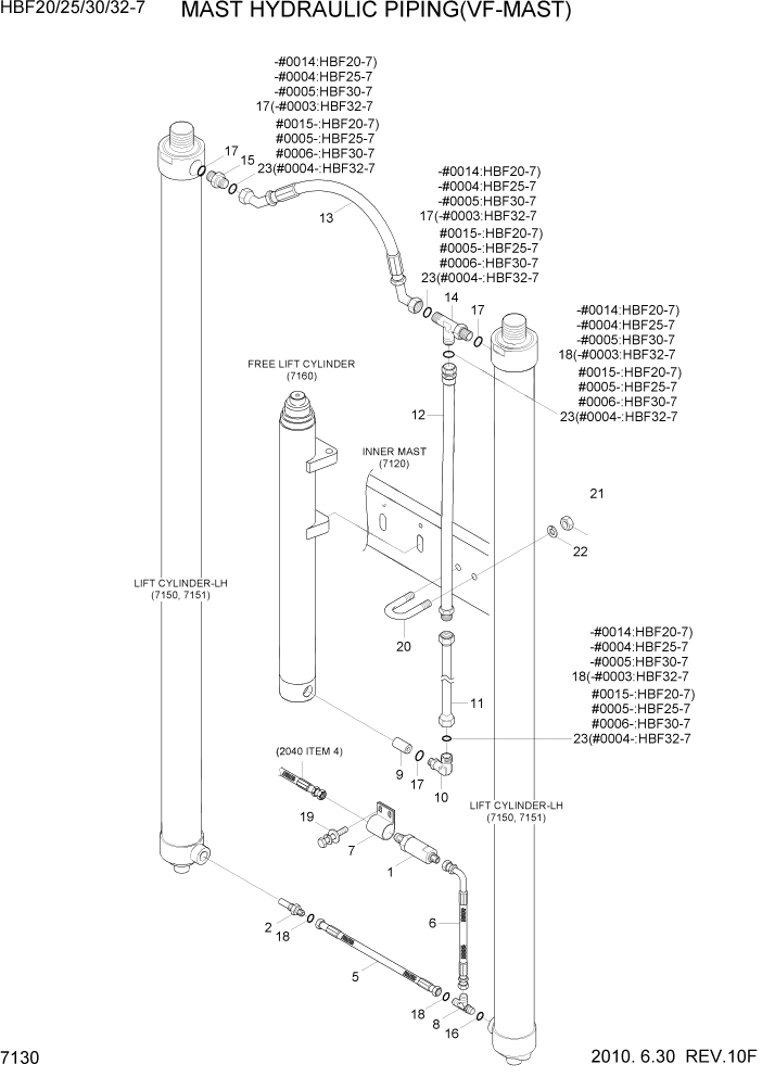 Схема запчастей Hyundai HBF20/HBF25/HBF30/HBF32/HBF20-7 - PAGE 7130 MAST HYDRAULIC PIPING(VF-MAST) РАБОЧЕЕ ОБОРУДОВАНИЕ