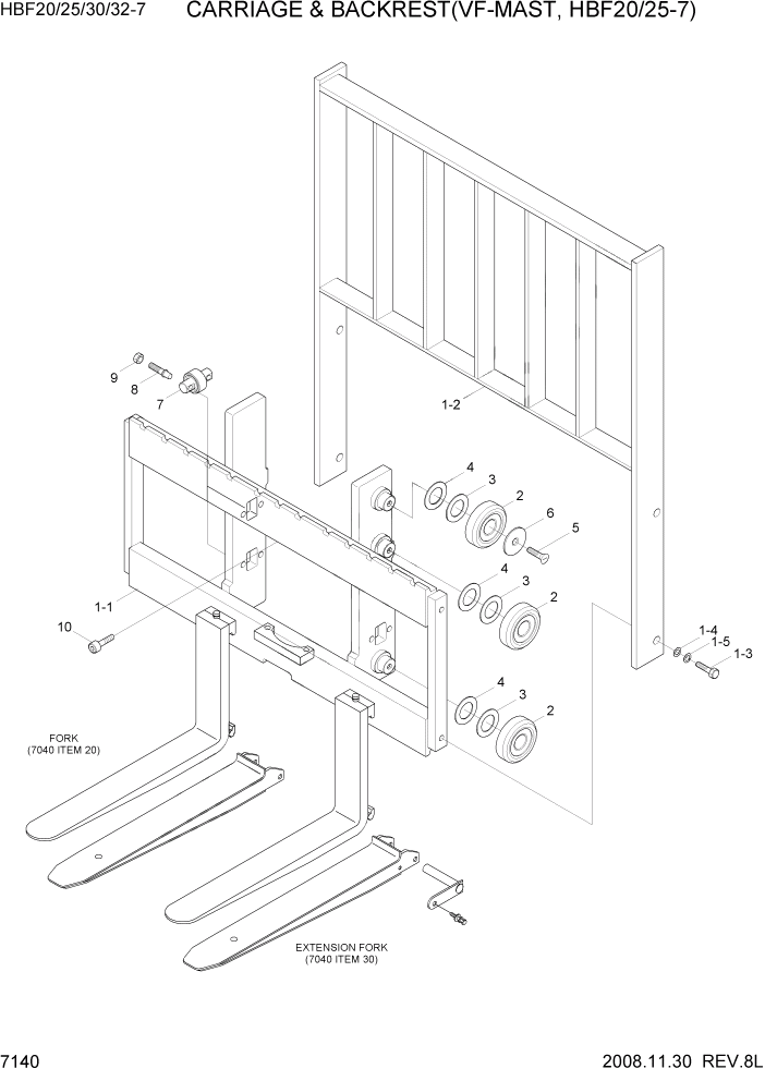 Схема запчастей Hyundai HBF20/HBF25/HBF30/HBF32/HBF20-7 - PAGE 7140 CARRIAGE & BACKREST(VF-MAST,HBF20/25-7) РАБОЧЕЕ ОБОРУДОВАНИЕ