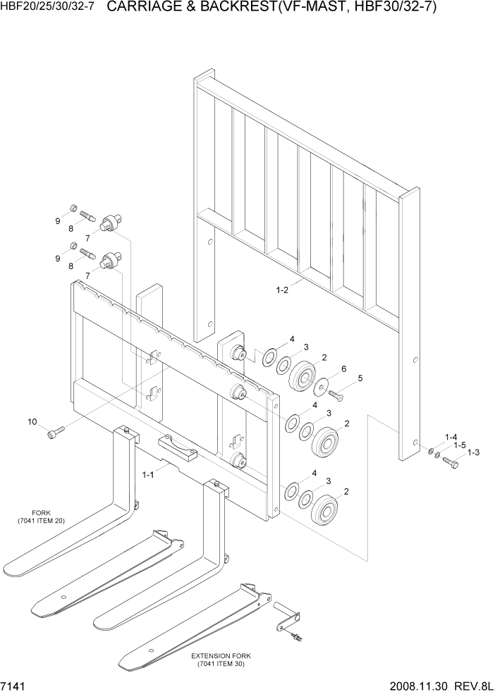 Схема запчастей Hyundai HBF20/HBF25/HBF30/HBF32/HBF20-7 - PAGE 7141 CARRIAGE & BACKREST(VF-MAST,HBF30/32-7) РАБОЧЕЕ ОБОРУДОВАНИЕ
