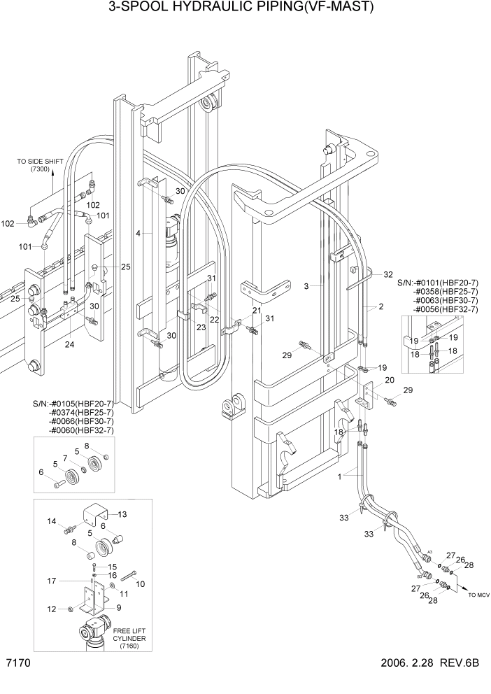 Схема запчастей Hyundai HBF20/HBF25/HBF30/HBF32/HBF20-7 - PAGE 7170 3-SPOOL HYDRAULIC PIPING(VF-MAST) РАБОЧЕЕ ОБОРУДОВАНИЕ