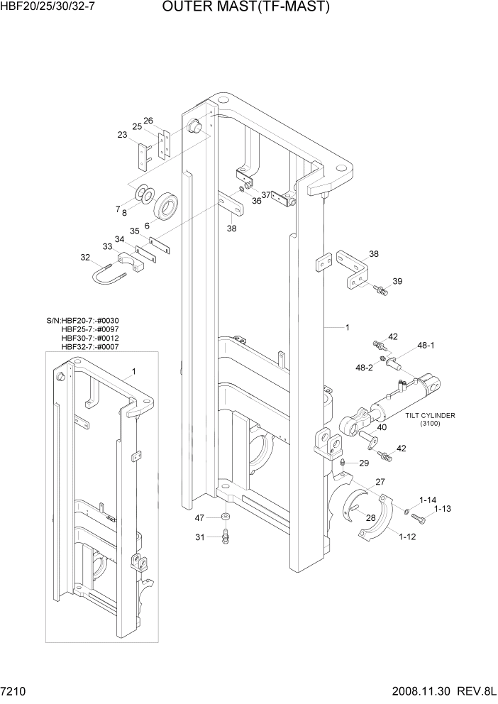 Схема запчастей Hyundai HBF20/HBF25/HBF30/HBF32/HBF20-7 - PAGE 7210 OUTER MAST(TF-MAST) РАБОЧЕЕ ОБОРУДОВАНИЕ