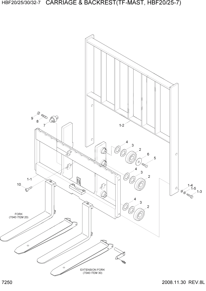 Схема запчастей Hyundai HBF20/HBF25/HBF30/HBF32/HBF20-7 - PAGE 7250 CARRIAGE & BACKREST(TF-MAST,HBF20/25-7) РАБОЧЕЕ ОБОРУДОВАНИЕ