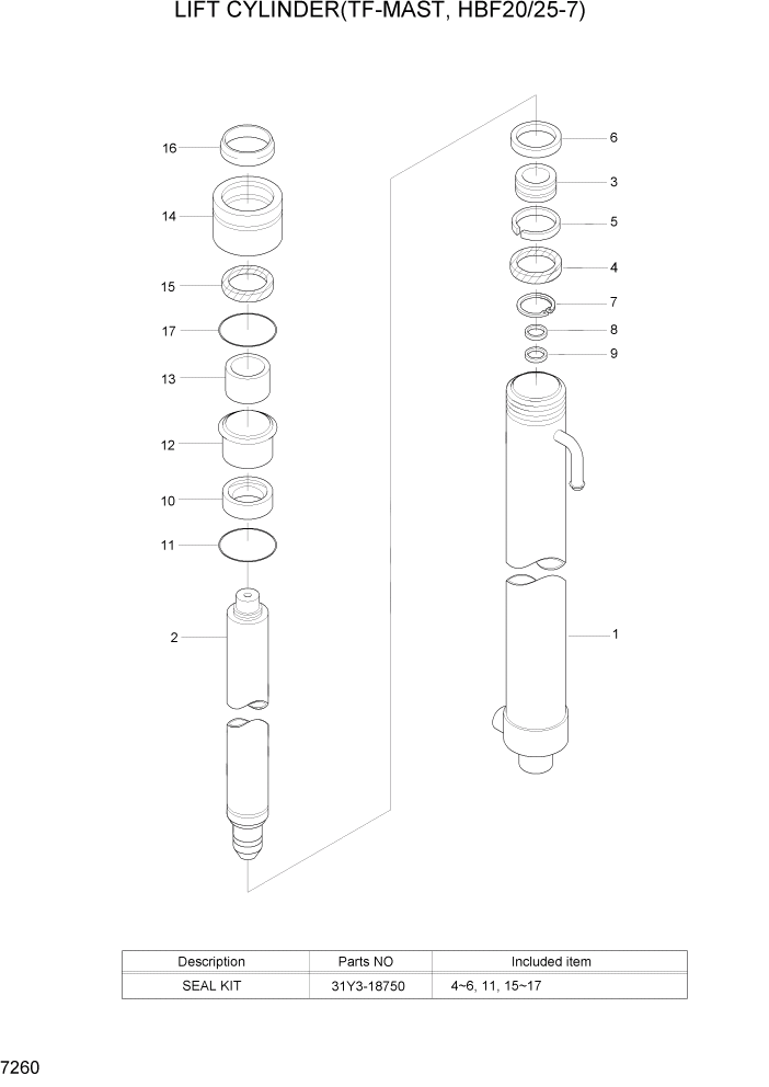 Схема запчастей Hyundai HBF20/HBF25/HBF30/HBF32/HBF20-7 - PAGE 7260 LIFT CYLINDER(TF-MAST,HBF20/25-7) РАБОЧЕЕ ОБОРУДОВАНИЕ