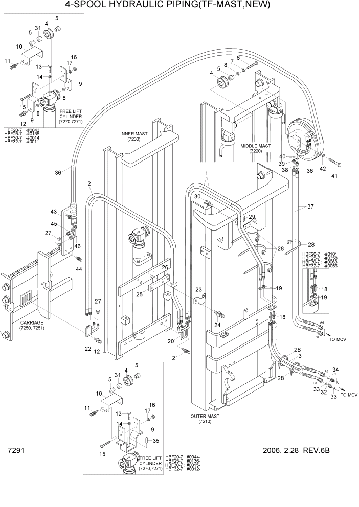 Схема запчастей Hyundai HBF20/HBF25/HBF30/HBF32/HBF20-7 - PAGE 7291 4-SPOOL HYDRAULIC PIPING(TF-MAST,NEW) РАБОЧЕЕ ОБОРУДОВАНИЕ