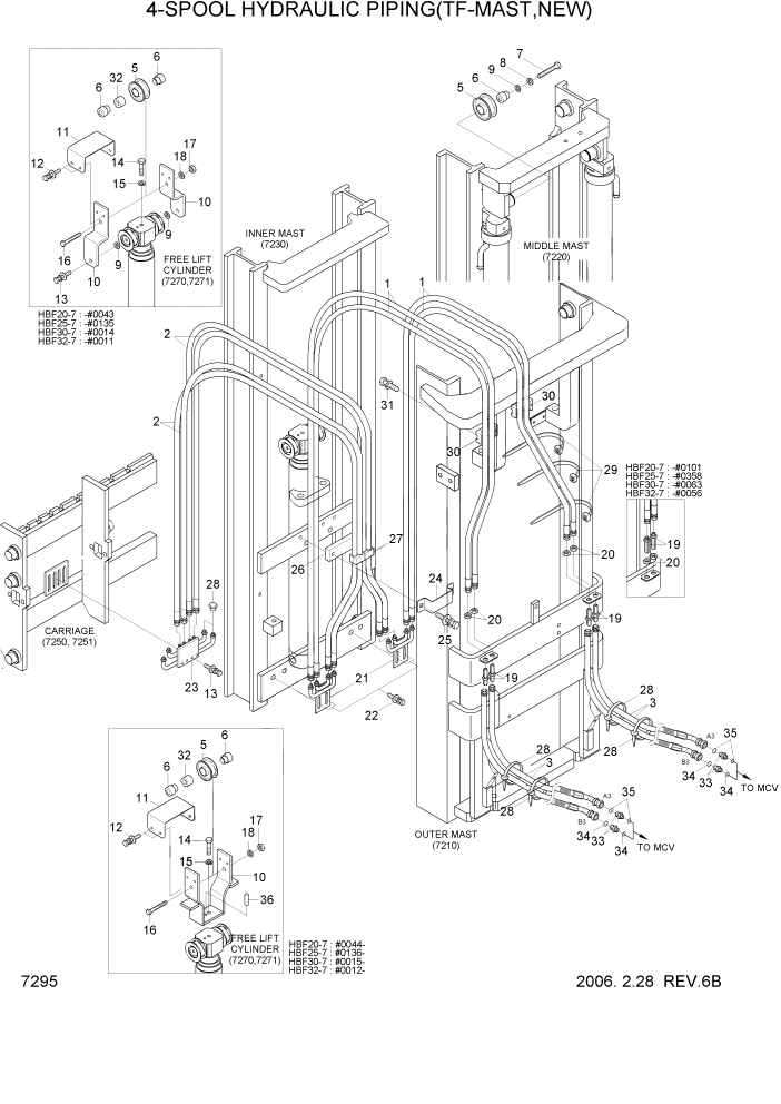 Схема запчастей Hyundai HBF20/HBF25/HBF30/HBF32/HBF20-7 - PAGE 7295 4-SPOOL HYDRAULIC PIPING(TF-MAST,NEW) РАБОЧЕЕ ОБОРУДОВАНИЕ