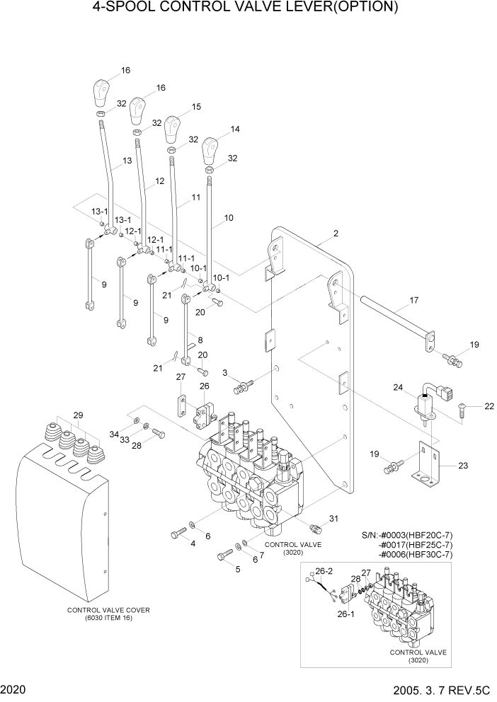 Схема запчастей Hyundai HBF20/HBF25/HBF30C-7 - PAGE 2020 4-SPOOL CONTROL VALVE LEVER(OPTION) ГИДРАВЛИЧЕСКАЯ СИСТЕМА