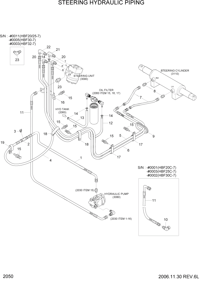 Схема запчастей Hyundai HBF20/HBF25/HBF30C-7 - PAGE 2050 STEERING HYDRAULIC PIPING ГИДРАВЛИЧЕСКАЯ СИСТЕМА