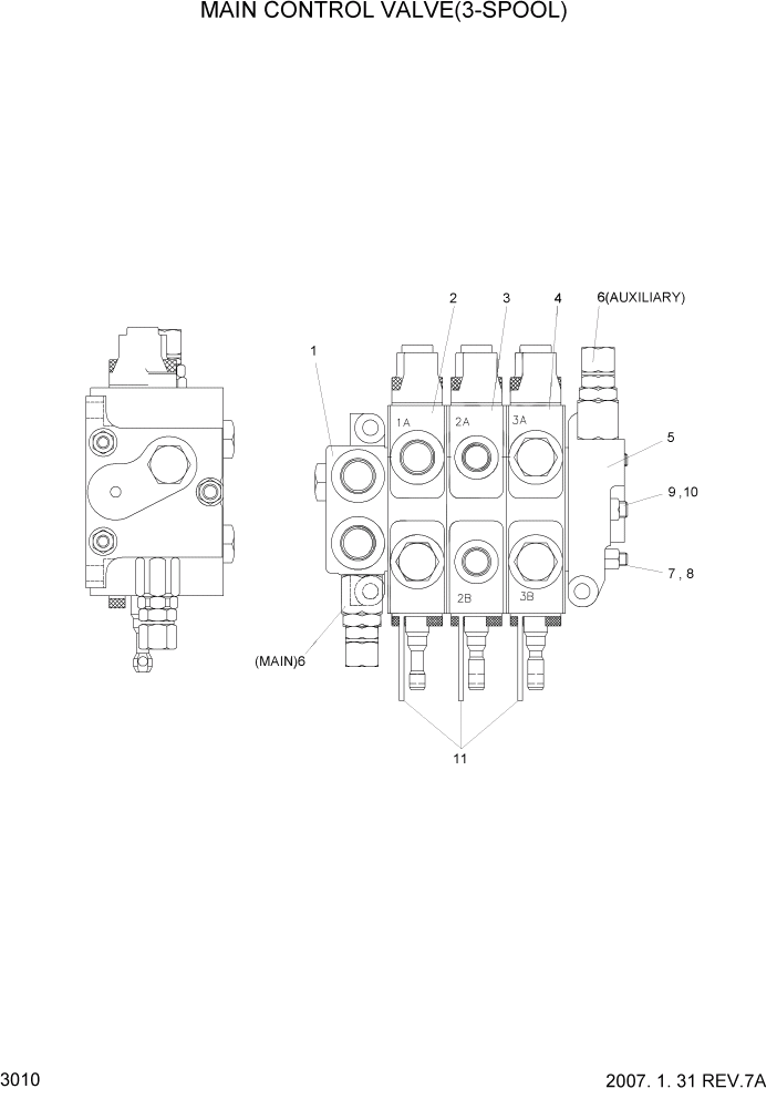 Схема запчастей Hyundai HBF20/HBF25/HBF30C-7 - PAGE 3010 MAIN CONTROL VALVE(3-SPOOL) ГИДРАВЛИЧЕСКИЕ КОМПОНЕНТЫ