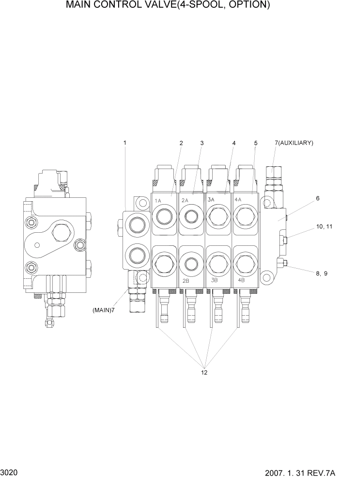 Схема запчастей Hyundai HBF20/HBF25/HBF30C-7 - PAGE 3020 MAIN CONTROL VALVE(4-SPOOL,OPTION) ГИДРАВЛИЧЕСКИЕ КОМПОНЕНТЫ