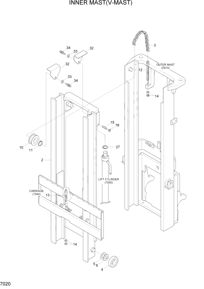 Схема запчастей Hyundai HBF20/HBF25/HBF30C-7 - PAGE 7020 INNER MAST(V-MAST) РАБОЧЕЕ ОБОРУДОВАНИЕ