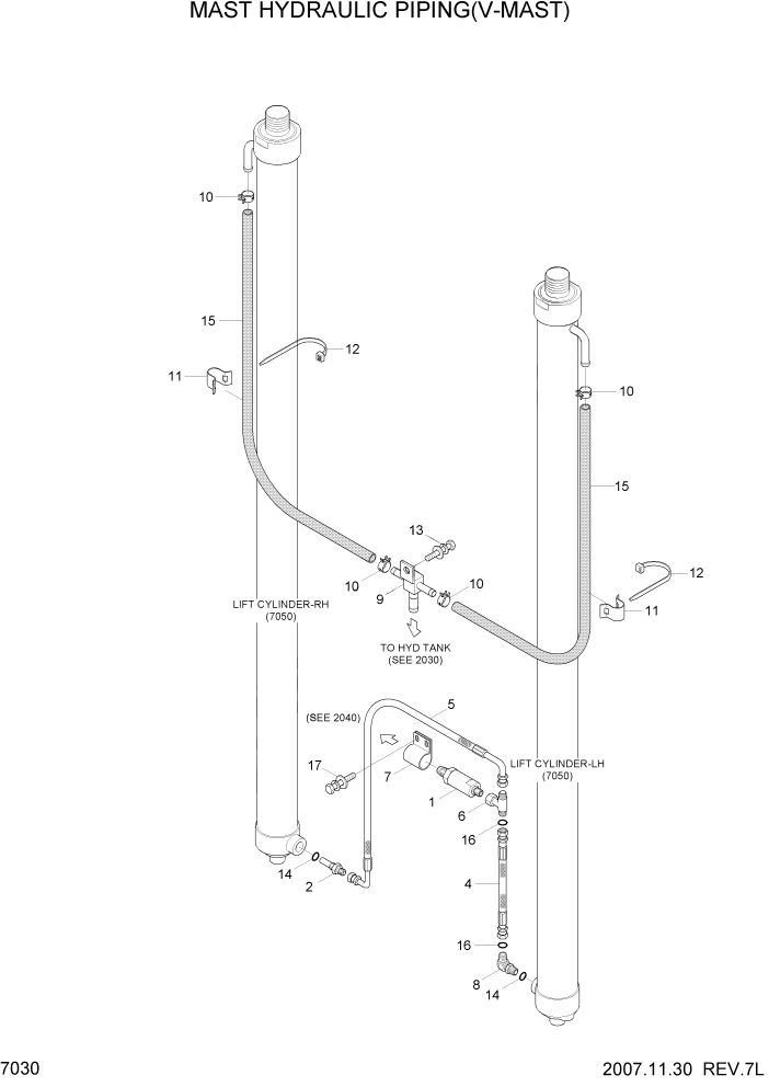 Схема запчастей Hyundai HBF20/HBF25/HBF30C-7 - PAGE 7030 MAST HYDRAULIC PIPING(V-MAST) РАБОЧЕЕ ОБОРУДОВАНИЕ