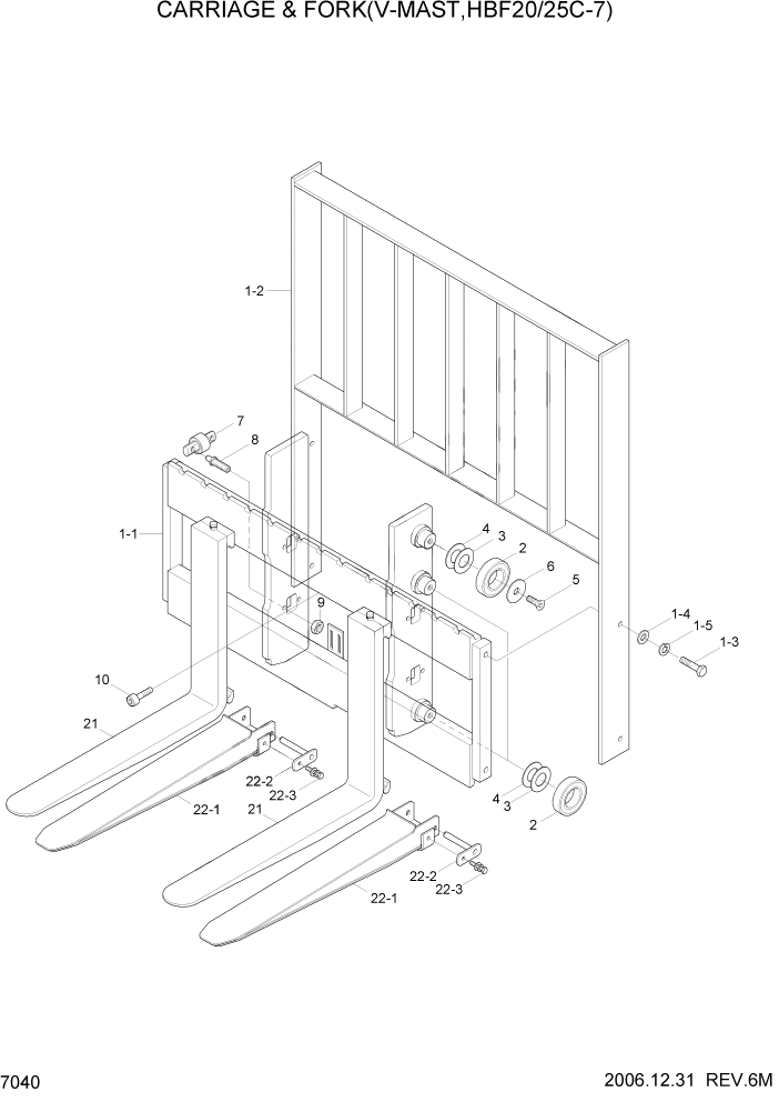 Схема запчастей Hyundai HBF20/HBF25/HBF30C-7 - PAGE 7040 CARRIAGE & FORK(V-MAST,HBF20/25C-7) РАБОЧЕЕ ОБОРУДОВАНИЕ