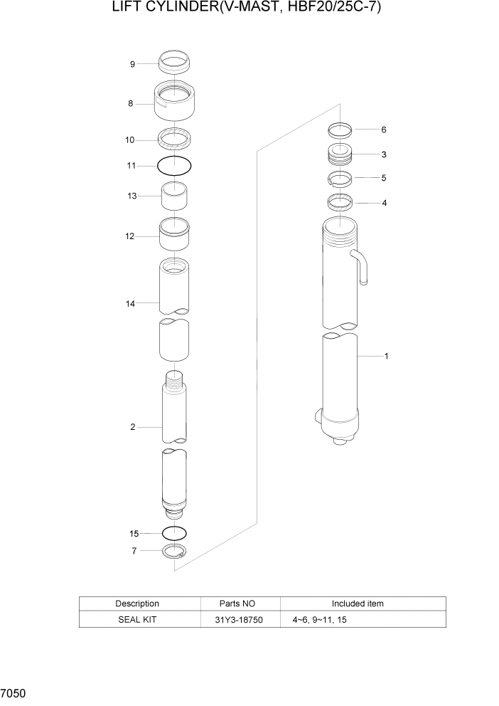 Схема запчастей Hyundai HBF20/HBF25/HBF30C-7 - PAGE 7050 LIFT CYLINDER(V-MAST,HBF20/25C-7) РАБОЧЕЕ ОБОРУДОВАНИЕ