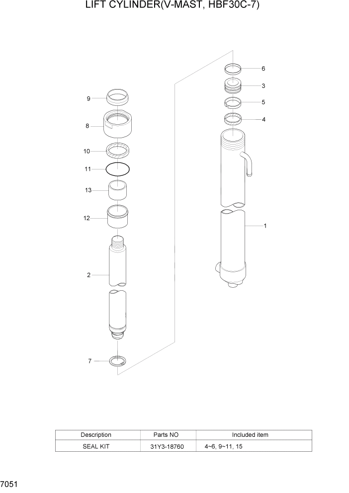 Схема запчастей Hyundai HBF20/HBF25/HBF30C-7 - PAGE 7051 LIFT CYLINDER(V-MAST,HBF30C-7) РАБОЧЕЕ ОБОРУДОВАНИЕ