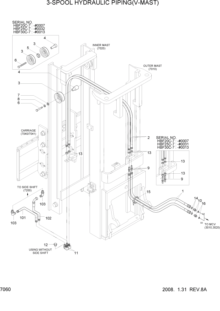 Схема запчастей Hyundai HBF20/HBF25/HBF30C-7 - PAGE 7060 3-SPOOL HYDRAULIC PIPING(V-MAST) РАБОЧЕЕ ОБОРУДОВАНИЕ