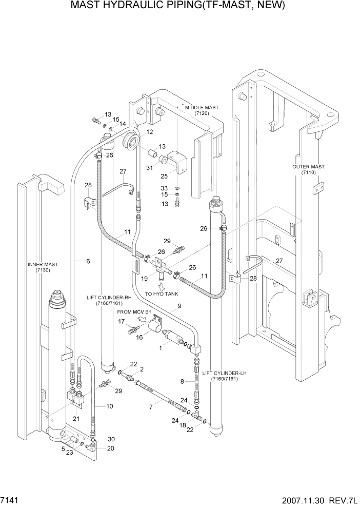 Схема запчастей Hyundai HBF20/HBF25/HBF30C-7 - PAGE 7141 MAST HYDRAULIC PIPING(TF-MAST,NEW) РАБОЧЕЕ ОБОРУДОВАНИЕ