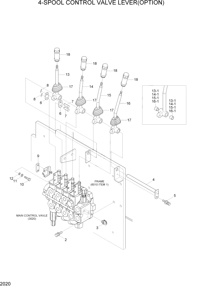 Схема запчастей Hyundai HBR20/HBR25-7 - PAGE 2020 4-SPOOL CONTROL VALVE LEVER(OPTION) ГИДРАВЛИЧЕСКАЯ СИСТЕМА