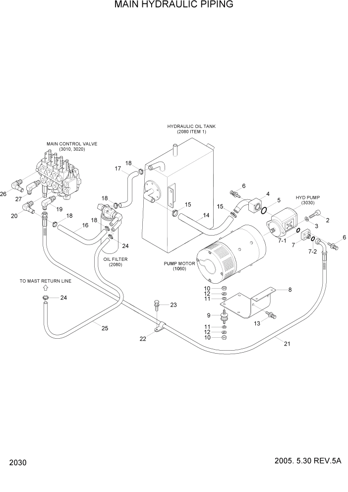 Схема запчастей Hyundai HBR20/HBR25-7 - PAGE 2030 MAIN HYDRAULIC PIPING ГИДРАВЛИЧЕСКАЯ СИСТЕМА