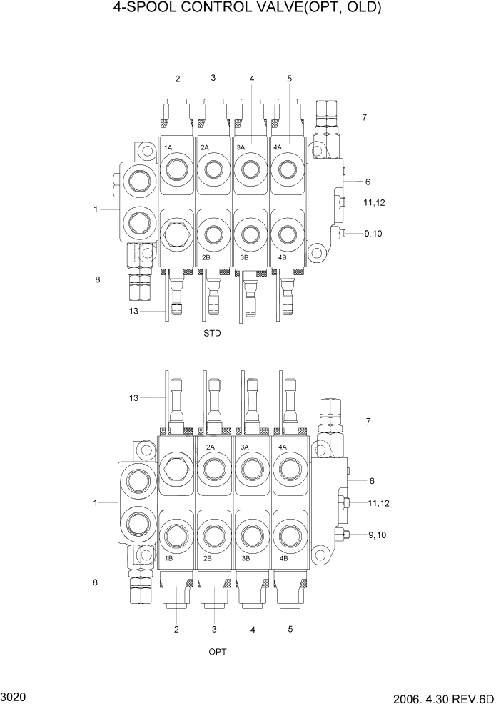 Схема запчастей Hyundai HBR20/HBR25-7 - PAGE 3020 4-SPOOL CONTROL VALVE(OPT,OLD) ГИДРАВЛИЧЕСКИЕ КОМПОНЕНТЫ